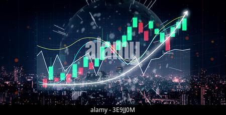 This image showcases a vibrant candlestick graph depicting financial growth over a night urban skyline, emphasizing modern data analytics and Stock Photo