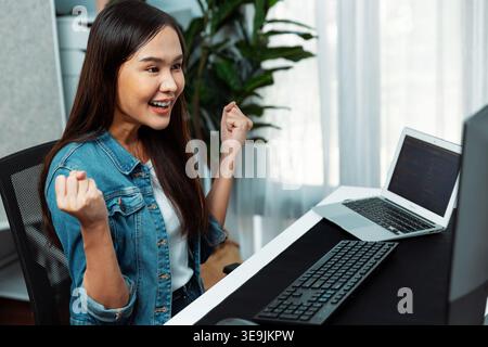 Smiling young Asian IT developer with happy face getting new software development information project with customer looking on pc screens, creating Stock Photo