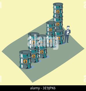 Illustration of Rising Oil Barrels Representing Growth and Trends in the Energy Industry. Stock Vector