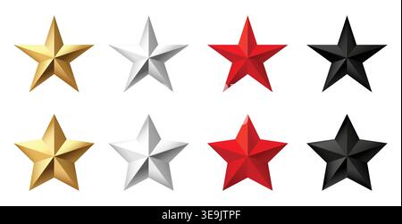 Set of 3D star icons in gold silver red and black colors with glossy metallic style. Collection of rating award and achievement symbols isolated on li Stock Vector