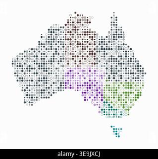 Australia, shape of the country built of colored cells. Digital style map of Australia on white background. Small size circle blocks. Stock Vector
