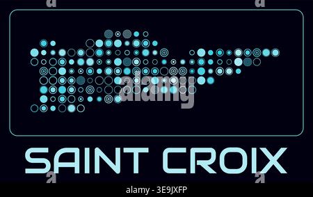 Saint Croix digital style map. Large circle dots on dark background. Dotted shape of the island. Saint Croix map and title. Stock Vector