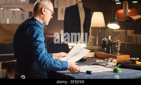 Senior tailor examining sketches with items and sewing tools, working on making clothes in luxury atelier. Professional old couturier using drawings and fabric to create designs. Stock Photo
