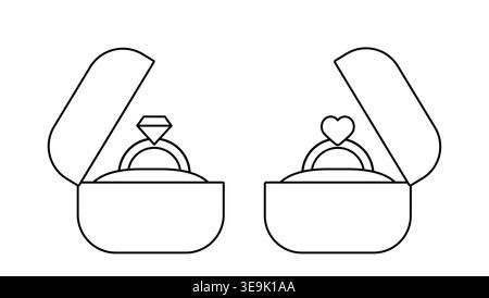 The engagement ring box is open outline set. Heart-shaped and diamond-shaped rings.  Coloring pages and templates. Stock Vector