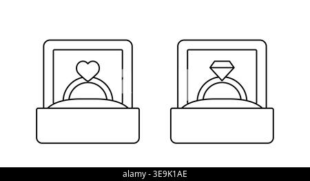 The engagement ring box is open outline set. Heart-shaped and diamond-shaped rings.  Coloring pages and templates. Stock Vector