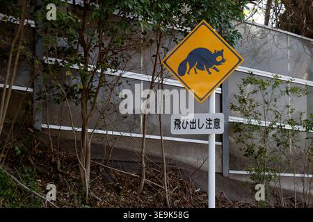 A sign on the side of a road warning motorists that wild animals might be on the road in rural Kanagawa, Japan. Stock Photo
