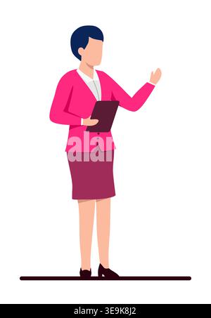 Modern flat design vector illustration depicting a professional woman in a vibrant pink blazer and skirt. She holds a digital tablet in one hand . Stock Vector