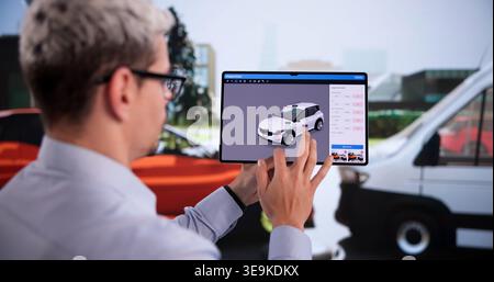 Insurance Agent Examines Vehicle Damage With Tablet Following Crash Stock Photo