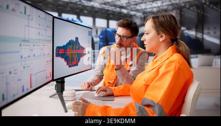Power Plant Technician Oversees Gas Turbine Efficiency With SCADA Technology Stock Photo