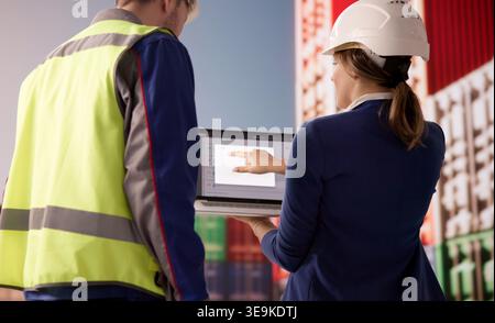 Port Engineer Conducts Cargo Container Inspection Using Laptop At Active Shipping Terminal Stock Photo