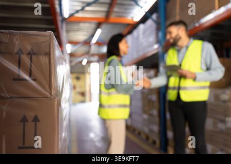 Warehouse workers shaking hands confirming agreement in logistics facility Stock Photo