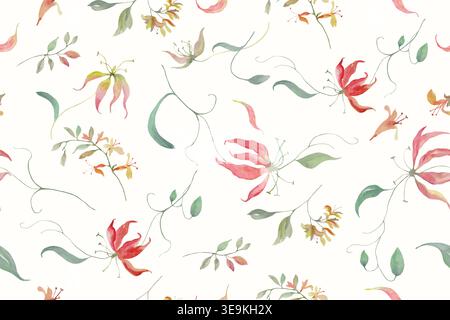 Watercolor gloriosa lily seamless pattern with exotic red flowers and green leaves. Tropical botanical repeat print for summer textile and wallpaper. Stock Vector