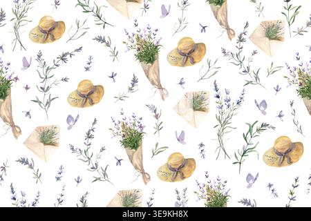 Watercolor lavender seamless pattern with straw hats, flower bouquets and sprigs. Botanical Provence style repeat print for summer textile, Vector. Stock Vector