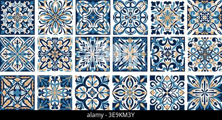 Mediterranean ceramic tiles with blue Portuguese patterns. Floral ornaments and geometric motifs for authentic mosaic designs and traditional decor Stock Vector