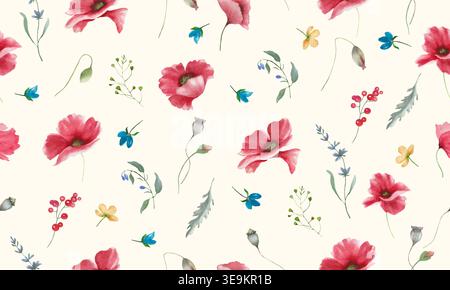 Watercolor seamless pattern with red poppies, blue wildflowers, and field herbs. Botanical summer repeat print for textile, wallpaper and packaging. Stock Vector