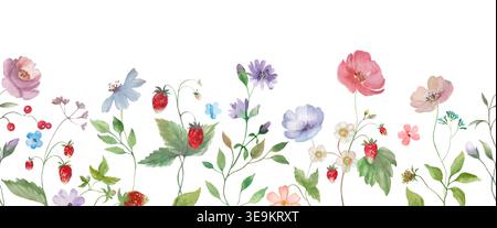 Watercolor floral seamless border with wildflowers, strawberries. Hand painted botanical horizontal repeat pattern isolated on white background. Stock Vector