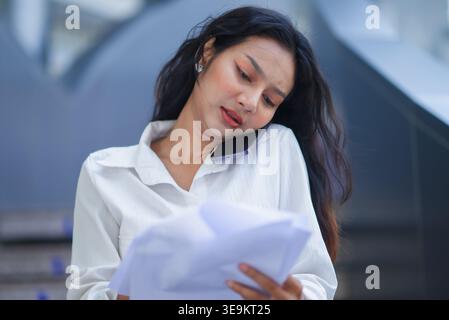 Busy businesswoman holding documents while talking on smartphone hands free in a modern office. Professional female employee multitasking, reading pap Stock Photo