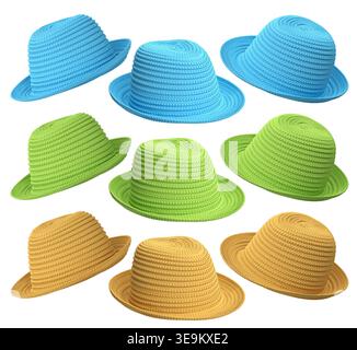 Set of woven straw hats shown from different angles isolated on white background, showcasing summer fashion accessories. Stock Photo