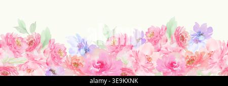 Watercolor floral seamless border with pink peonies, purple flowers and green leaves. Botanical horizontal pattern for wedding invitations and website Stock Vector