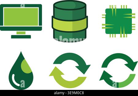 Sustainable Technology and Data Processing Icons with Recycling Symbols and Monitor Stock Vector