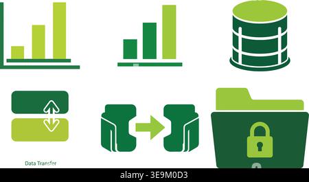 Business Data Transfer and Secure File Management Icons with Bar Charts and Database Stock Vector