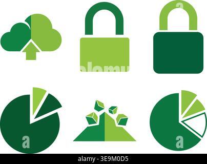 Data Security and Analytics Icon Set featuring Padlocks Cloud Upload and Pie Charts Stock Vector