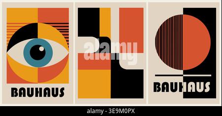 Three bold geometric Bauhaus posters in warm tones Stock Vector