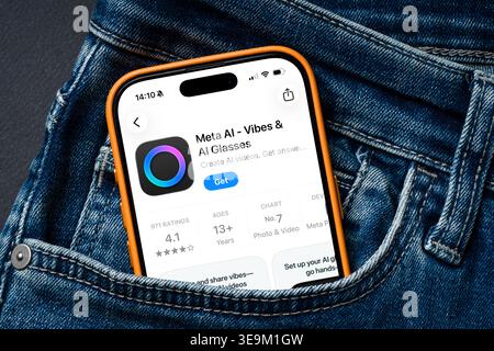 Antalya, Turkey - March 24, 2026: Smartphone in jeans pocket showing Meta AI app interface screen Stock Photo
