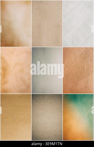 Collage of nine different textured paper and cardboard backgrounds Stock Photo