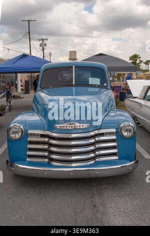 1953 Chevy 3100 truck, restored vintage pickup with two-piece windshield at auto show at Texas Onion Fest, Weslaco, Texas, USA. FOR EDITORIAL USE ONLY Stock Photo