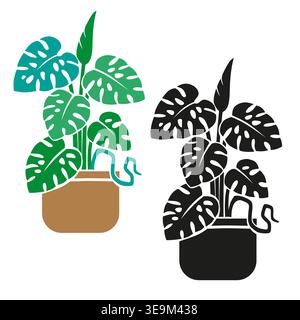 Monstera houseplant in pot, set with colorful and black silhouette styles, modern tropical indoor plant stylized vector illustration isolated on white Stock Vector