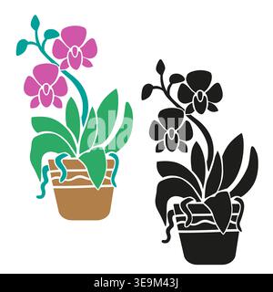 Phalaenopsis Orchid houseplant in pot, set with colorful and black silhouette styles, modern tropical indoor plant stylized vector illustration Stock Vector