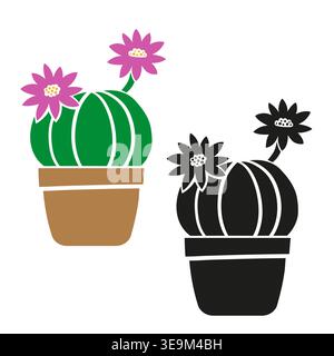 Echinocactus Illustration of a Potted Cactus with Pink Flowers houseplant in pot, set with colorful and black silhouette styles, modern tropical Stock Vector