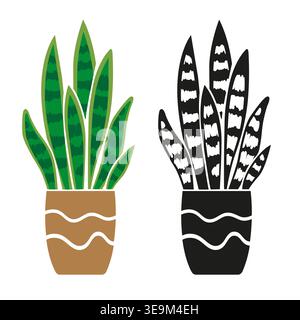 Sansevieria houseplant Potted, Snake Plant Illustration in pot, set with colorful and black silhouette styles, modern tropical indoor plant stylized Stock Vector