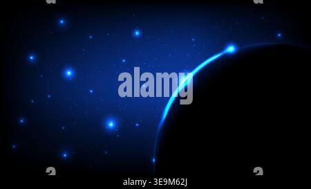 Abstract space background featuring a glowing planet horizon, bright stars and cosmic light effects Stock Vector