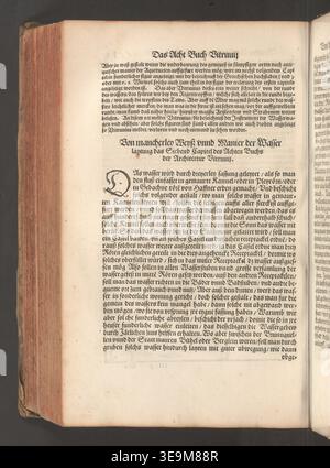 Marcus Vitruvius Pollio was a Roman architect whose theoretical framework connected architecture with mathematics and mechanics. The archival image presents a photographic reproduction of the 1548 German translation printed in Nuremberg by Johann Petreius. Stock Photo