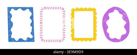 Curve frames set with texture crayon chalk. Scribble hand drawn borders. Childish style with grunge noise. Funky retro y2k scallop border frames. Vector illustration Stock Vector