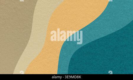 Abstract fluid wavy layered textured paper background in beige ochre teal colors, flowing curved shapes for banner template. Stock Photo