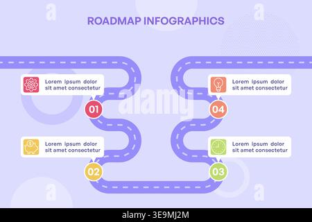 Simple 4-Point Curved Roadmap Infographic with Milestone Icons Vector Illustration Stock Vector