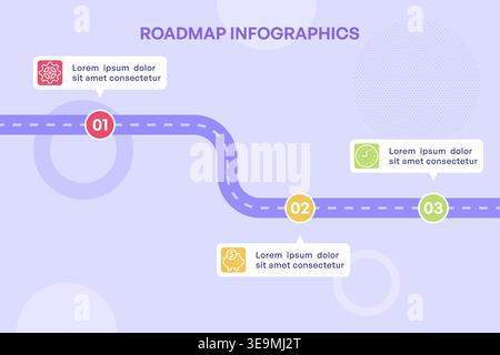 Three Step Horizontal Business Roadmap with Simple Icons and Light Design Vector Illustration Stock Vector
