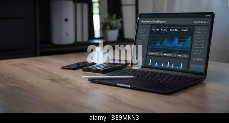 Business analytics dashboard on laptop displaying data for marketing strategy, performance tracking, and growth report insight, supporting decision-ma Stock Photo