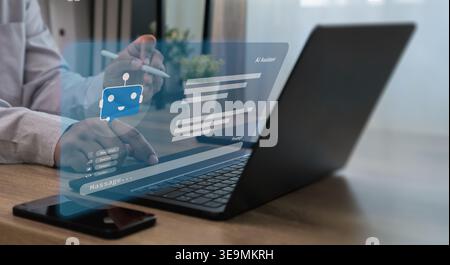 Hands using laptop keyboard with stylus on desk alongside smartphone and plant, interacting with AI chat assistant interface for messaging communicati Stock Photo
