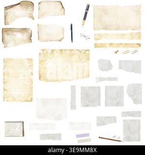 Torn paper, torn pages of a notebook or school notebooks, pens and paper clips. Watercolor illustration. A set of torn pieces of paper with crumpled a Stock Photo