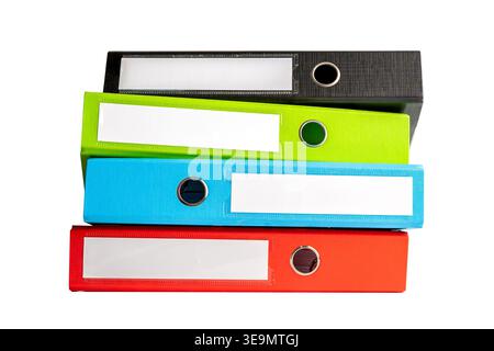 File Folder Binder stack of multi color on table in business office isolated on white background with clipping path. Stock Photo