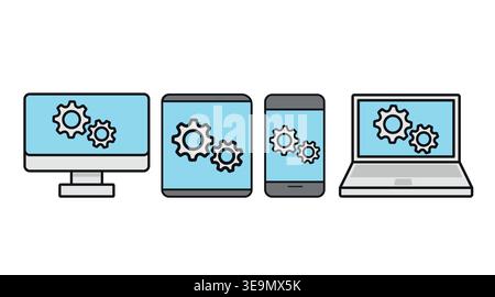 Multi-device settings and optimization icon set Stock Vector