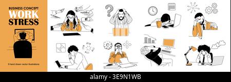 Sketch style set of stressed office workers Stock Vector
