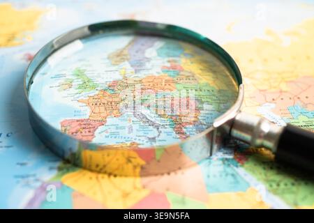 Bangkok, Thailand February 7, 2023, Europe flag on world map background. Stock Photo