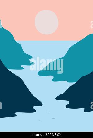 Landscape of a river in mountains scenery. Panoramic view of mountain range with a river flowing through it. Vector illustration of scenic landscape Stock Vector