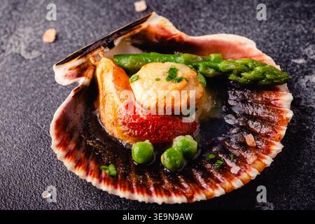 Cooked scallops with vegetables on a dark background Stock Photo