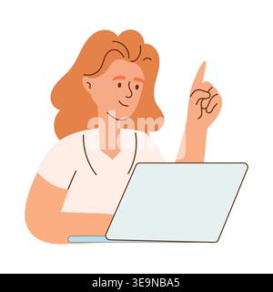 Illustration of a young woman with red hair sitting at a desk, pointing upwards while looking at a laptop screen, with a simple background emphasizing Stock Vector